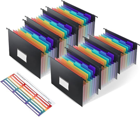 Expanding Hanging File Folders, Plastic Filing Cabinet Organizer 7 Pockets 1.2" Accordion Drawer Organizer Insert Filing Folders Dividers with Colorful Tabs, Letter Size 6 Packs