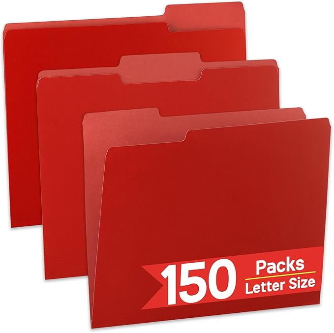 VZCPYTPM Red File Folders,Letter Size (8.5x11 in),1/3-Cut Tabs in Assorted Positions,150 Pack Cardstock Paper Folders for Office,School & Home Filing Cabinet Organization, Bulk Document Folders