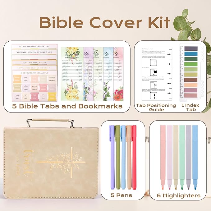XKDOUS Bible Cover Case for Women, Leather Bible Bags with Study Supplies Journaling Kit, Gold Foiled Carrying Case Large Church Book Holder with Handle, Christian Gifts for Lady