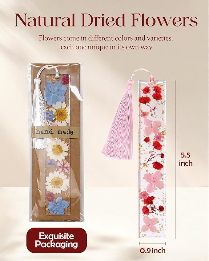 Buleens 2PCS Bookmarks for Women - Purple Book Marks for Readers Book Lovers, Personalized Handmade Dried Flower Resin Bookmark with Tassels, Pretty and Aesthetic