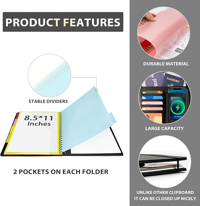 Ospelelf Clipboard with Storage for Men Women, Leather Padfolio Portfolio Organizer 5 Folders with 10 Pockets, Spiral Clipboard Folio with Notepad for Letter Size, Elastic Closure and Pen Loop Black