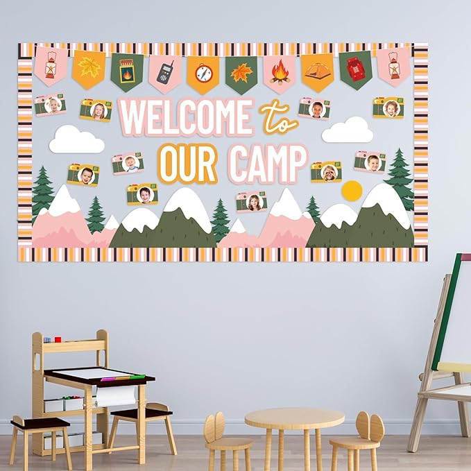 Camping Bulletin Board Set Woodland Classroom Decor Welcome to Our Camp Forest Mountain Classroom Decorations Border Adventure DIY Photo Craft Camper Cutouts for Students School Wall Party Supplies