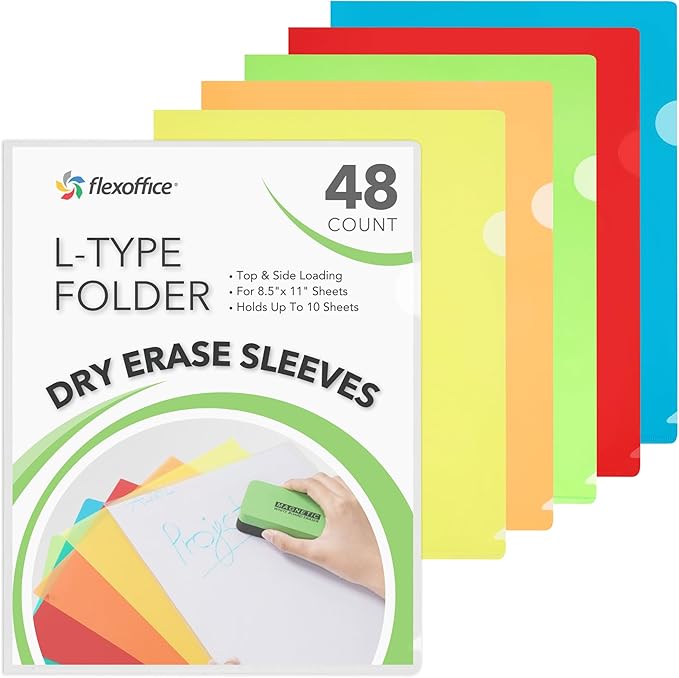 FLEXOFFICE 48 Pack Project Folders for Important Documents, Assorted 5 Translucent Colors, Heavyweight L-Shaped Poly Jacket Sleeves Folders Fit for US Letter Size