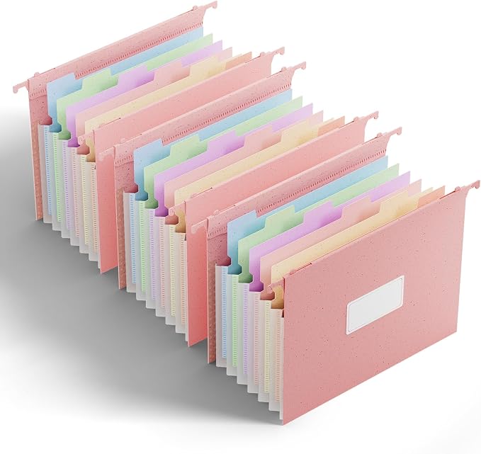 ANSOOK Hanging File Folders Letter Size, 7 Accordion Pockets Expandable File Organizer, 3 Pack Hanging File Folders for Filing Cabinet, Designed for Bulky Files, Medical Charts, 50% Wheat Straw (Pink)