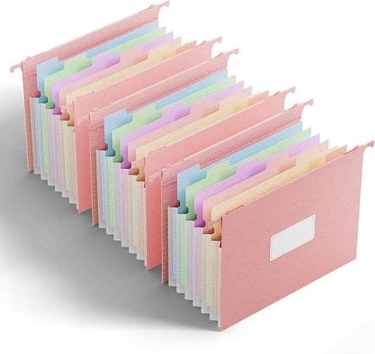ANSOOK Hanging File Folders Letter Size, 7 Accordion Pockets Expandable File Organizer, 3 Pack Hanging File Folders for Filing Cabinet, Designed for Bulky Files, Medical Charts, 50% Wheat Straw (Pink)
