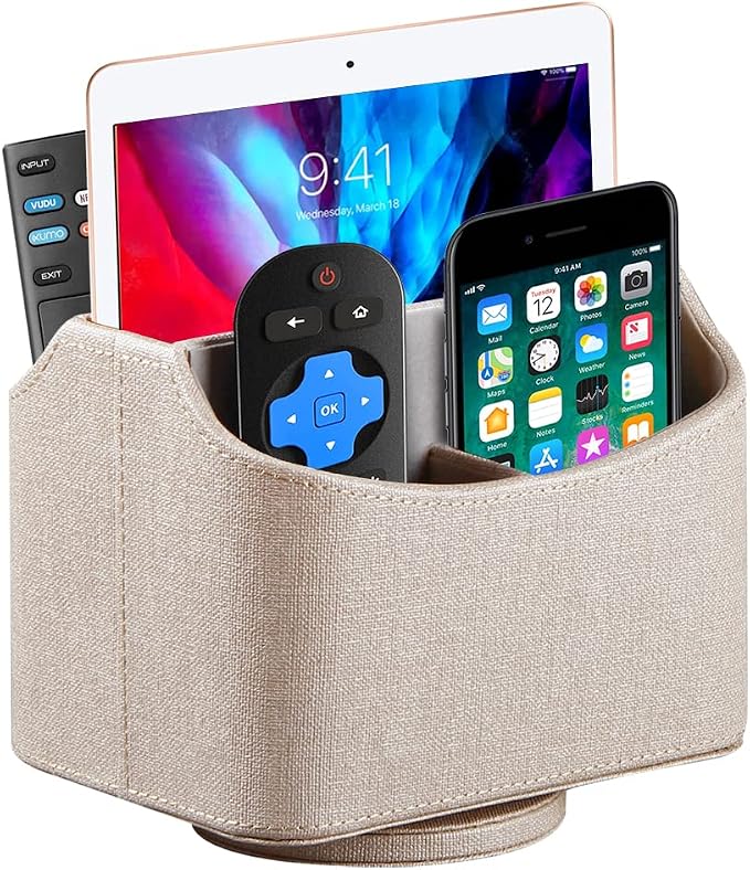 360° Rotating Remote Control Holder, PU Leather TV Remote Caddy Organizer Basket Storage Box with 5 Compartments for Pen, Pencil, Art Supplies, Makeup Brush, Office Desk Table Accessories