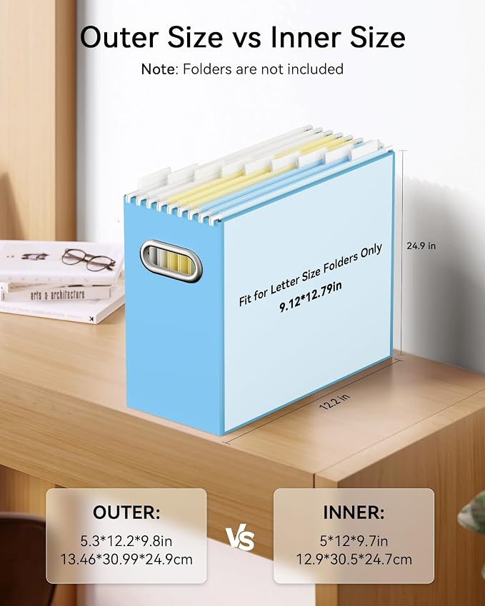 Oterri File Organizer Box, Portable Collapsible Cardboard File Folder Organizer with Handle for Letter Size Hanging Files, Document Storage Box for Home Office & Classroom (8 Packs, Blue)