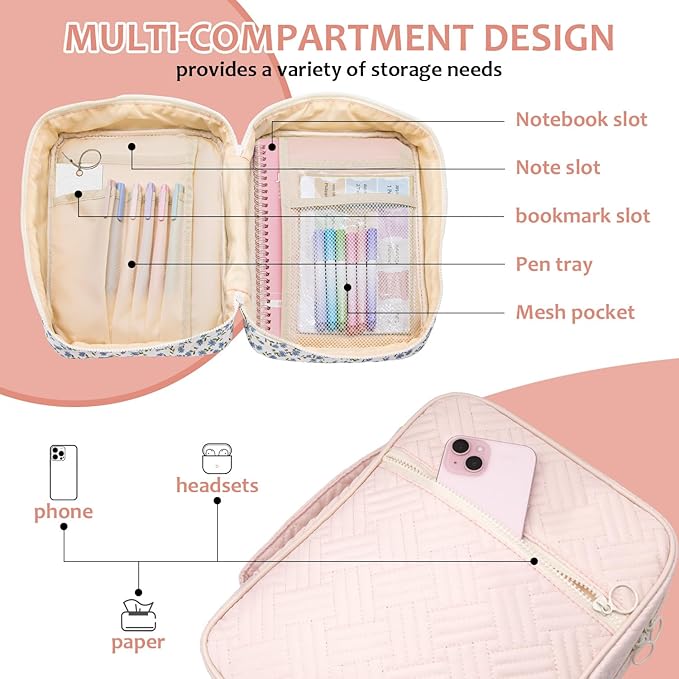 Bible Cover Case For Women,Large Bible Bag with Study Supplies,Pink Quilted Bible Carrying Case for Girls,Portable Bible Case with Highlighter, Pens,Tabs,Bible Study Gifts for Women