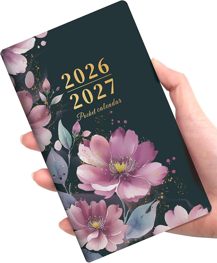 SUNEE Pocket Calendar 2026-2027 - Two Year Monthly Planner Small Calendar 3.5" x 6" Organizer for Daily & Yearly Schedule - Compact Agenda Notebook for School, Work, Women, Purple Flower