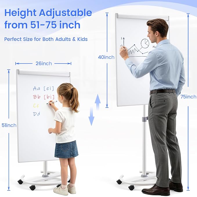 MAKELLO Rolling Whiteboard, Height Adjustable Dry Erase Board on Wheels, Mobile White Board for Office School Classroom Home Restaurant, Aluminum Frame, 40x26 in