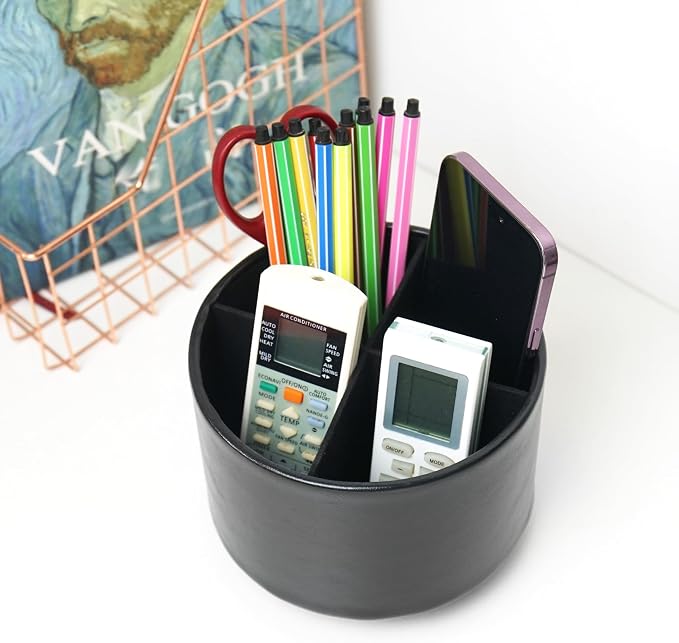 Round Leather Art Supply Organizer,Remote Control Holder,360 Degree Spinning,Multi-Functional Pencil Holder,4 Compartments Desktop Stationary Organizer(1-Oil Black)