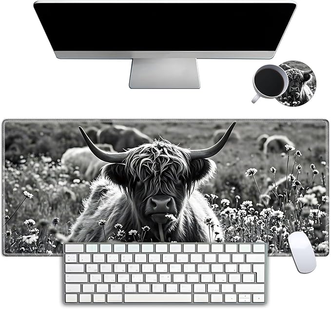 Mouse Pad Gaming Mousepad 31.5x11.8 Inch XXL Large + Coasters,Desk Mat with Stitched Edges, Non-Slip Rubber Base, Thick Mouse Pad for Computer, Laptop, Office & Home - Gray Highland Cow