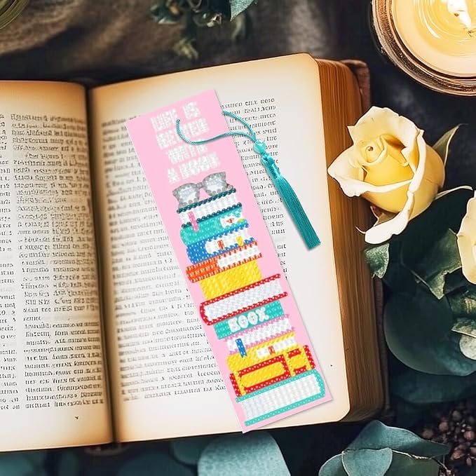 6Pcs Reading 5D Diamond Art Bookmarks Shelves Books Motivational Diamond DIY Painting Bookmarks Rhinestones Beaded Acrylic Tassel Bookmark for Adult Beginner Crafts
