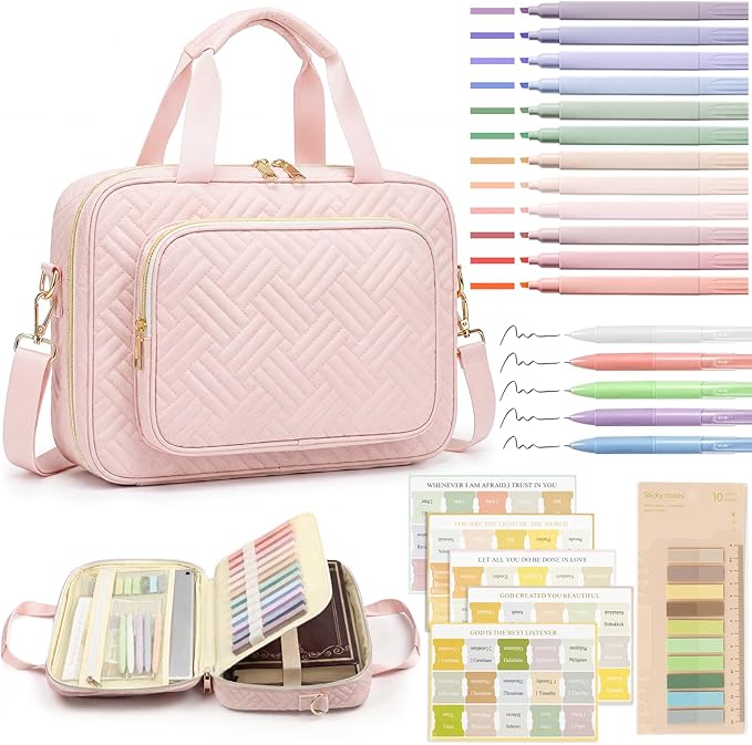 Bible Bag for Women, Large Bible Cover Case with Study Supplies,Girls Carrying Case with Highlighters, Pens, Bible Tabs, Sticky Notes, Christian Gifts for Girls, Mom, Easter Mothers Day Religious Gift