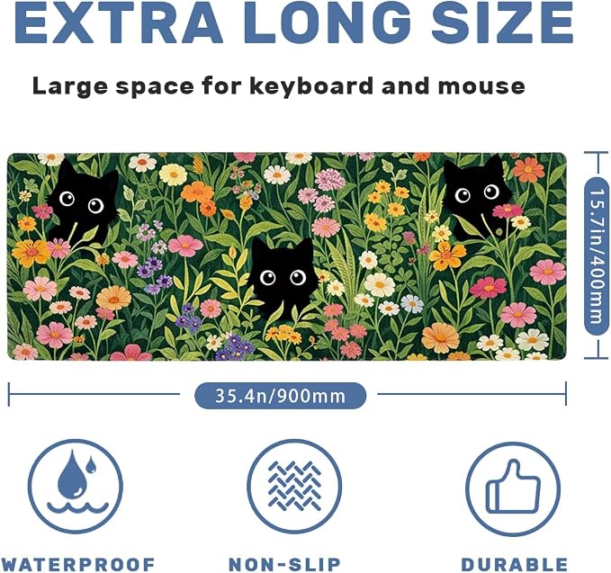 Black Cat Gaming Mouse Pad 35.4 x 15.7 Inches Kawaii Flower Meadow Cute Spring Garden Desk Mat with Non-Slip Rubber Base, Stitched Edges for Gaming,Office