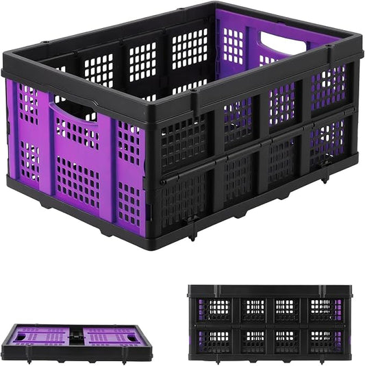 Heavy Duty Collapsible Storage Crate 55L – Stackable Collapsible Plastic Bin with Handles – Multi-Purpose Organizer for Home, Kitchen, Garage, Office, Camping – Extra-Thick Design – Purple