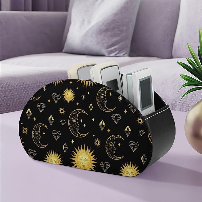 Sun Moon Star Gold Black Remote Control Holder with 5 Compartments, TV Remote Caddy Store Box Multi-functional Desktop Organizer Home&Office Accessories