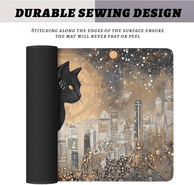 Galaxy Cat Desk Mat Gaming Mouse Pad Mystic Night Celestial Art Extended Gaming Mousepad Mat with Stitched Edge Non-Slip Base Big Mousepad Office Home Decor for Women Girl 31.5"x11.8"