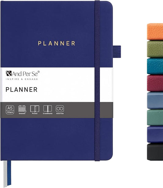And Per Se Undated Planner, Weekly & Monthly Planner with Goal & Habit Tracker, A5 Leather Hardcover Productivity Journal for Academic Year (Royal Blue)