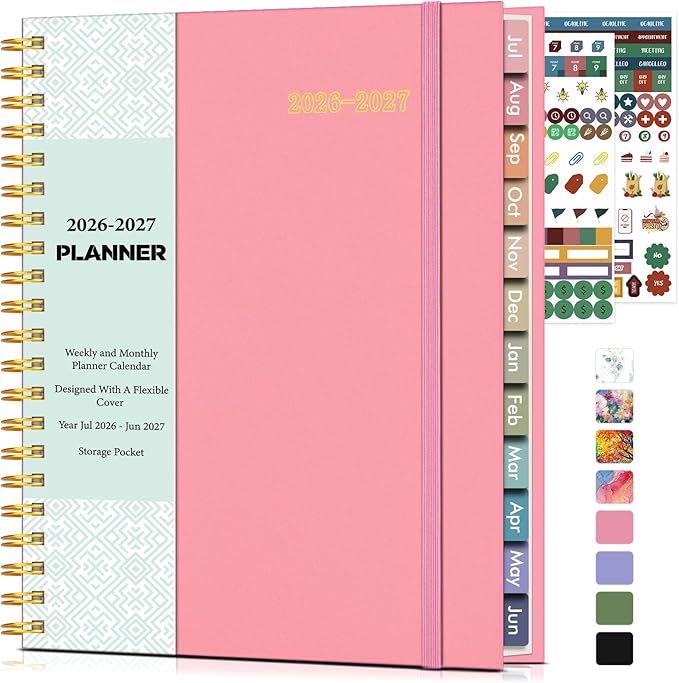 Academic Planner 2026-2027, Weekly and Monthly Calendar Planner from July 2026 - June 2027, 8.5" x 11" A4 Large Daily Agenda Book with Tabs, Flexible Cover, College School Organizer for Student Teacher, Pink