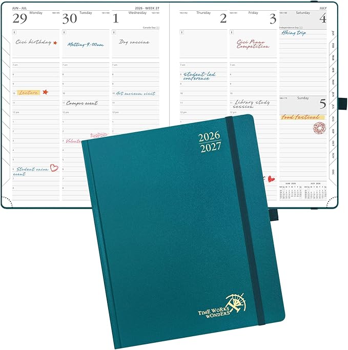 POPRUN 2026-2027 Academic Planner, Large Size 8.5" x 10.5", Weekly and Monthly Calendar, July 2026 to June 2027, Hardcover Appointment Book with Verital Layout, Hourly Time Slots, Monthly Tabs - Pacific Green