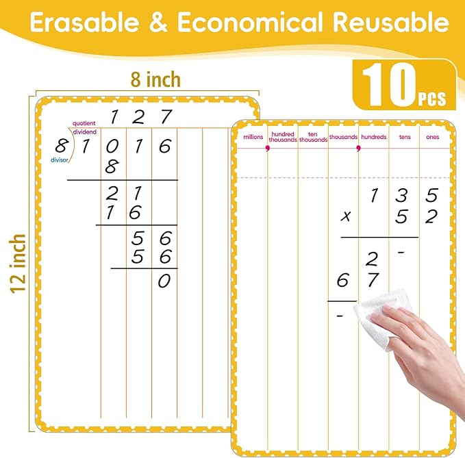 10 Packs Division Whiteboards, Dual-Sided Erasable Design - One Side for Division, The Other for Addition, Subtraction & Multiplication, Ideal Mathematical Teaching Aid for Classroom and Home Use