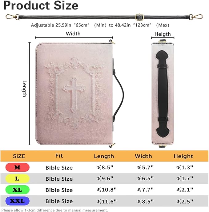 Medium PU Leather Bible Covers for Girls, Pink Bible Case with Strap and Handle, Faux Embossed Crucifix Print Book Protecto with Inner Pockets and Pen Loop, Biblia Study Supplies