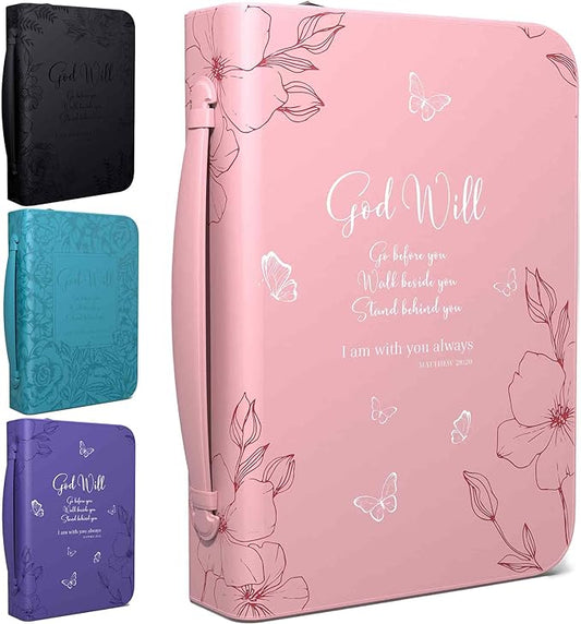 DEHITE Bible Cover Case for Women — Bible Carrying Case for Woman — Pink Large Holder Bag — Fits Book 10.1x7x1.9 in — Pen Slots — Zippered Pocket — Premium Faux Leather — Christian Floral Accessories