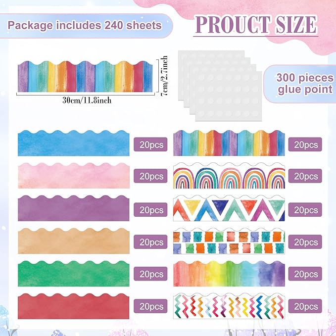 240 Pcs 236ft Holiday Bulletin Board Borders Colorful Rainbow Scalloped Border Trim Bulk Bulletin Decor for Classroom Back to School Decor(Watercolor Style)