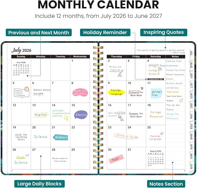 Planner 2026–2027, Academic Planner Weekly and Monthly Calendar Jul 2026 – Jun 2027 Hardcover Planner with Tabs and Pocket, Spiral Bound Agenda Book for Student & Teacher, 6.3" x 8.5", Jungle Giraffes