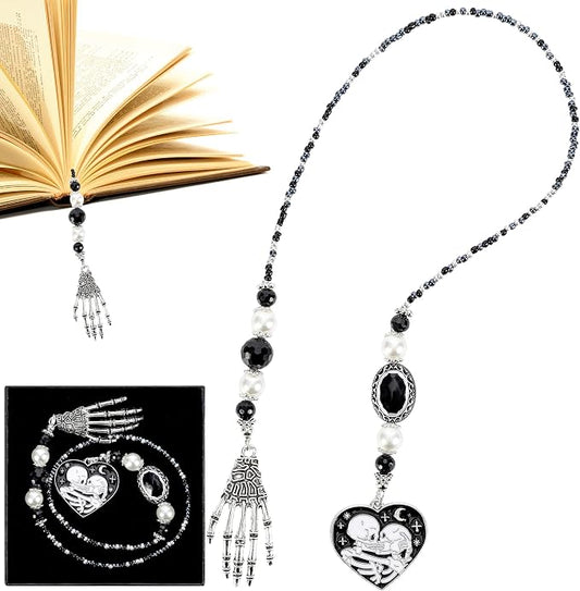 Gothic Skull Bookmark Gifts - Black Halloween Skeleton Beaded Bookmarks for Women Men Book Lovers Crystal Bead Chain Page Marks School Office Reading Accessories Bookish Gift for Birthday