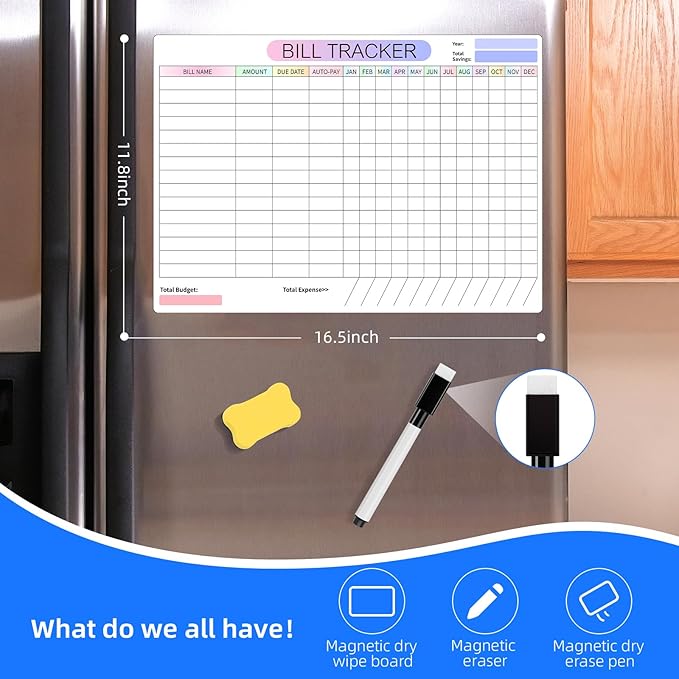 Monthly Bill Payment Checklist Magnetic Whiteboard for Refrigerator-Bill Payment Tracker Calendar Chart Monthly Bill Organizer & Planner for Personal Budgeting Financial (Style New)