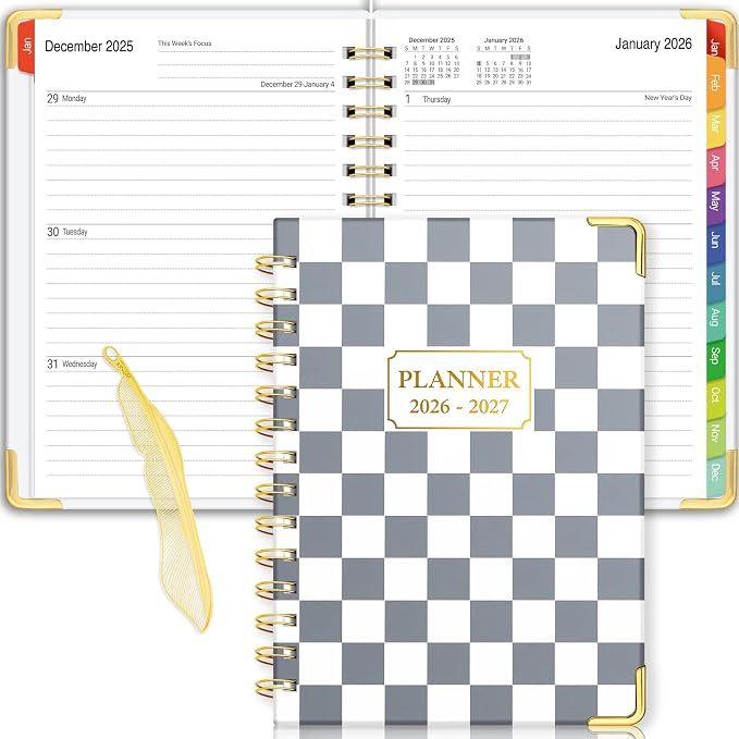 Daily Planner 2026-2027, 18 Month Planner with Tabs, January 2026 - June 2027 Weekly and Monthly Academic Year Calendar Spiral Time Management, 100GSM Thick Paper, Twin-Wire Binding, A5 Size, Checkered