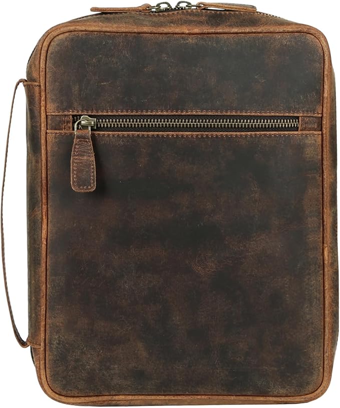 Leather Bible Cover for Men & Women – Zippered Bible Case with Handle, Note & Pen Organizer – Fits Large Study Bible – 11.5x8.5 Inch (Hunter)