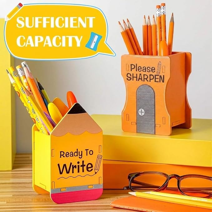 Sherr 2 Pcs Wood Pencil Holder Pencils and Sharpener Shaped Sharp and Dull Pen Holder Back to School Wooden Dispenser Storage Organizer for Classroom(Pencil and Sharpener,Yellow and Orange)
