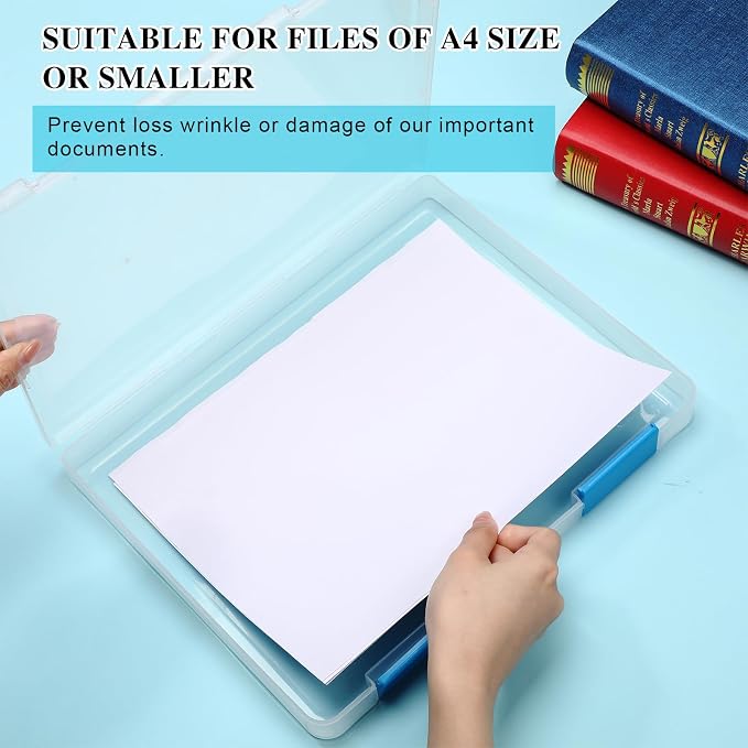 PerKoop 6 Pcs Clear Paper Storage Box A4 Plastic File Box Document Paper Organizer Storage Board Game Project Cases Containers with Buckle for Craft, Magazine(12.4 x 9.84 x 1.18 Inches,Blue)