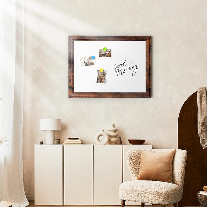 White Board for Wall, 24''x18'' Magnetic Dry Erase Board, Decorative Whiteboard with Brown Vintage Wooden Frame, Hanging Writing Board for Home Office School Dorm