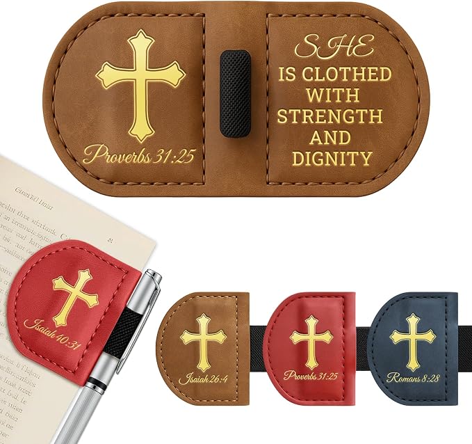 Personalized Magnetic Leather Bookmark with Pen Holder - Bygone Mark Custom Bible Verse Bookmarker,Book Marker for Men & Women,Book Lovers,Readers,Church(Brown，Proverbs 31:25)