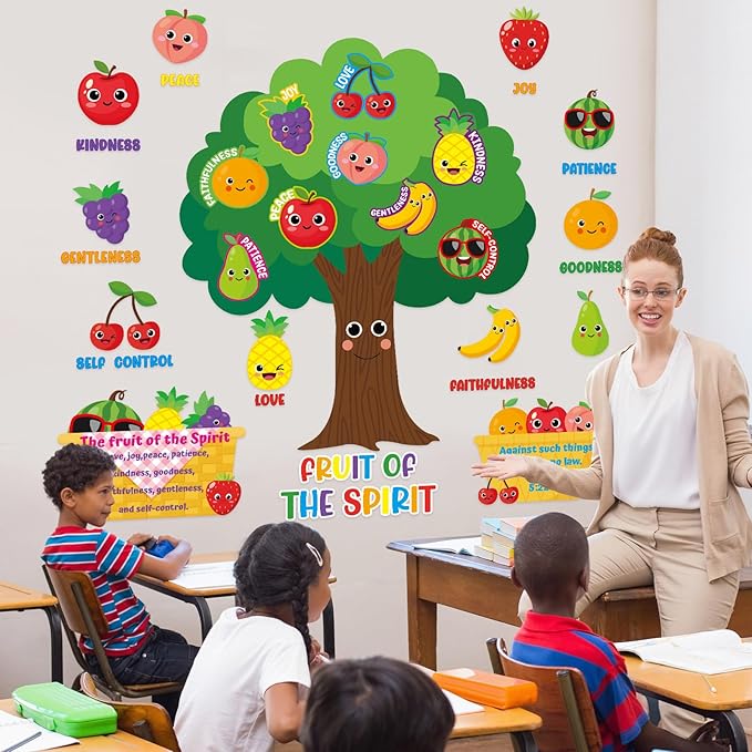 Fruit of The Spirit Bulletin Board Set VBS Vacation Bible School Paper Cutouts Back to School Classroom Decorations Wall Tree Decor for Sunday School Christian Nursery Chalkboard Door Teacher Supplies