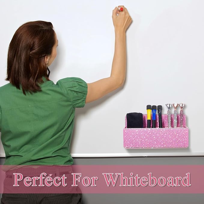 MotiMind Glitter Pink Locker Accessories for Girls, Bling Magnetic Pen Holder for Refrigerator, Back to School Rhinestone Marker Holder for Locker, Sparkly Gift for Student (Large,Pearl)