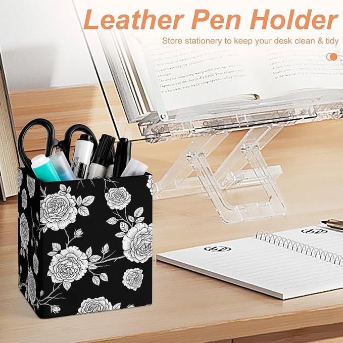 Pen Holder Square Leather Pencil, Holder Cup Makeup Brush Storage Organizer, Waterproof Multifunctional Office Supplies Black Roses Pattern