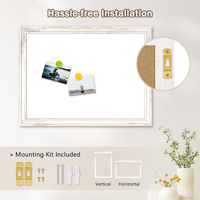 DOLLAR BOSS Magnetic Whiteboard for Wall 24" x 18" Vintage Wood Framed White Board Decorative Dry Erase Board for Home Office Shop Decor Display with 4 Markers, 8 Magnets, 1 Eraser, Vintage White