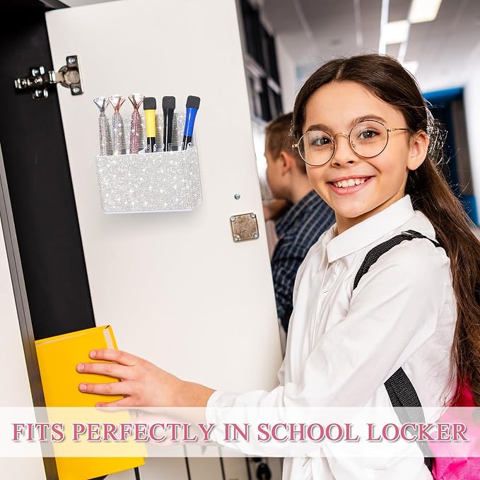 MotiMind White Locker Accessories for Girls, Bling Magnetic Pen Holder for Refrigerator, Back to School Rhinestone Marker Holder for Locker, Sparkly Gift for Student (Medium,Rhinestone)
