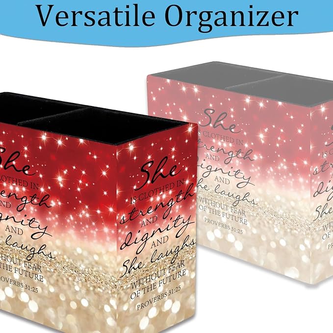 Pen Holder, Pencil Case, Makeup Brush Storage Box, Tableware Storage Box, Suitable for Office Or Home Item Organizing Stand - Red Glitter Quote Proverbs 31-25