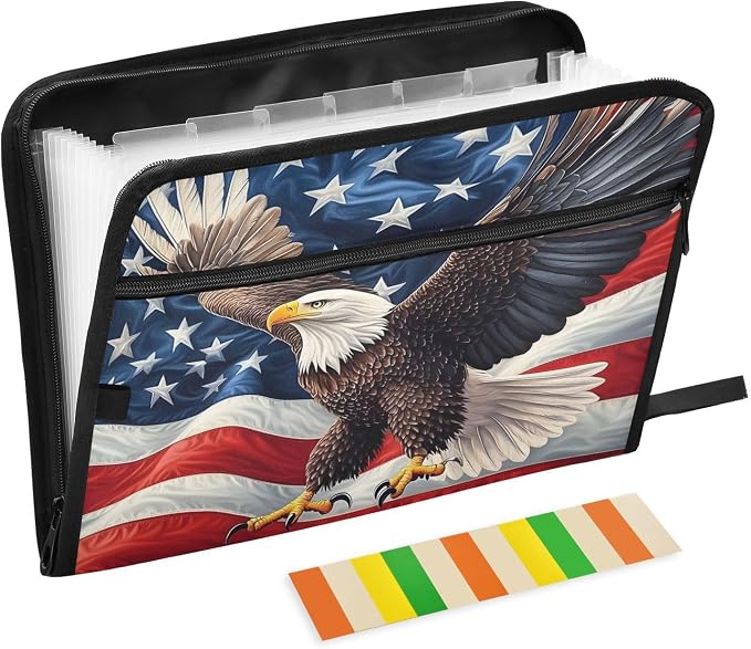 Expanding File Folder Bald Eagle American Flag Old Accordion File Organizer 13 Pockets Document Organizer with Zipper Labels A4 Letter Office Storage