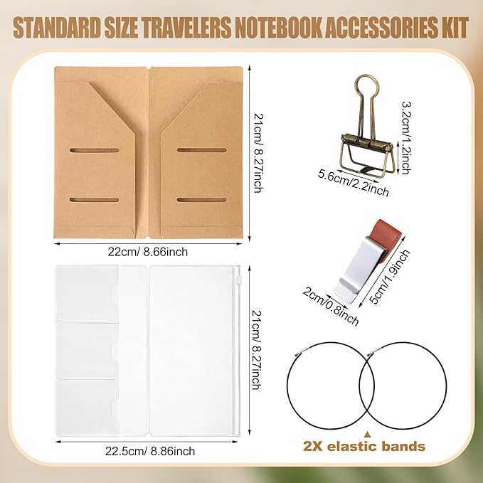 Travelers Journal Notebook Accessories Kit Include Travel Kraft File Folder, Zipper Case, Pen Holder, Binder Clip and Elastic Bands Travel Accessories Supplies(1 Pack,Standard Size)