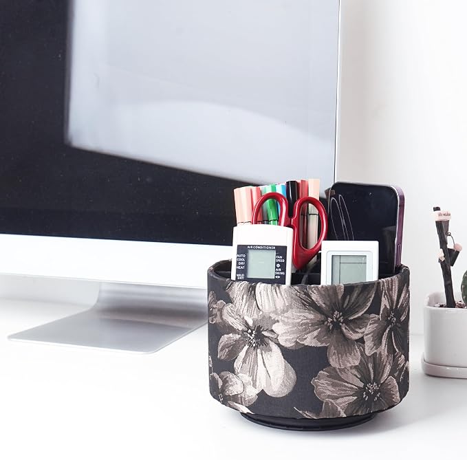 Round Leather Art Supply Organizer,Remote Control Holder,360 Degree Rotating,Multi-Functional Pencil Holder,4 Compartments Desktop Stationary Organizer(1-Dahlia Light Brown)