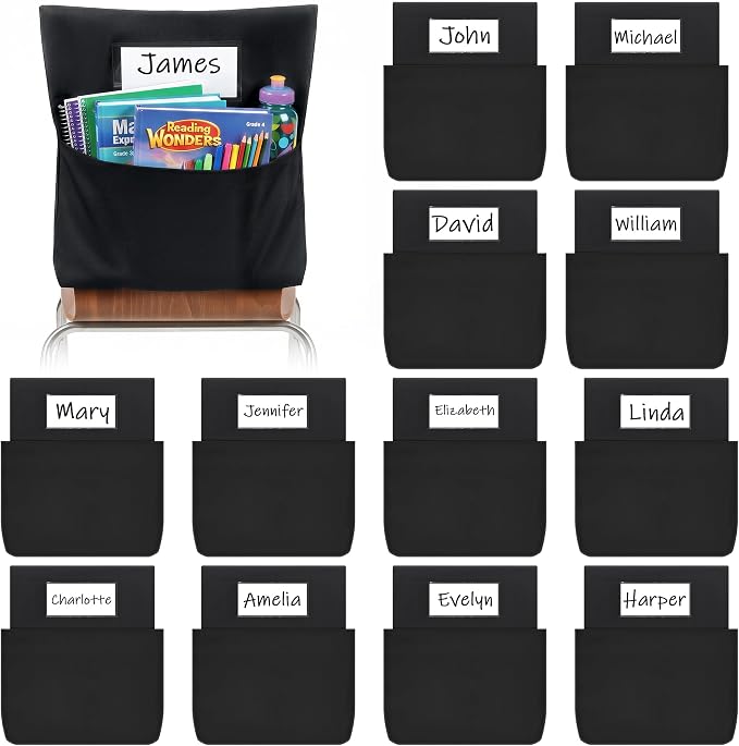 Joycat 12 Pack Classroom Chair Pocket for School, Large Capacity Student Storage Organizer with Deep Pocket & Name Tag Slot, Heavy Duty Chair Bag for Classroom Books & School Supplies