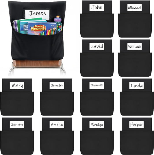 Joycat 12 Pack Classroom Chair Pocket for School, Large Capacity Student Storage Organizer with Deep Pocket & Name Tag Slot, Heavy Duty Chair Bag for Classroom Books & School Supplies