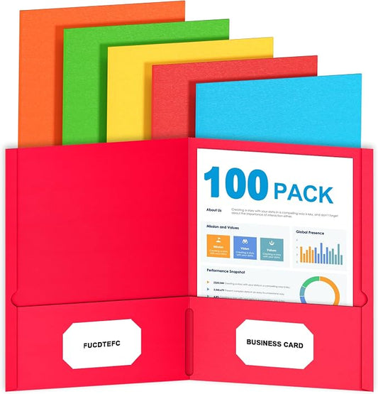 FUCDTEFC 100 Pack Pocket Folders, Folder with Pockets, 5 Assorted Colors Letter Size Heavy Duty 2 Pocket Folders, Paper File Folder for School Office Home Business